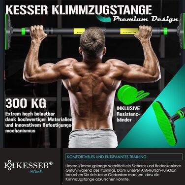 KESSER® Турнік для дверей регульований, турнік для домашніх тренувань, турнік без свердління, висувний 68-106 см, вантажопідйомність до 300 кг, з неслизькими ручками, з еластичними стрічками (зелені)