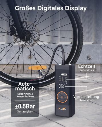 Електричний портативний компресор TowerTop 150PSI 7800mAh для авто та велосипеда з LED-дисплеєм, функцією пам'яті та автозупинки, акумуляторний, з чохлом
