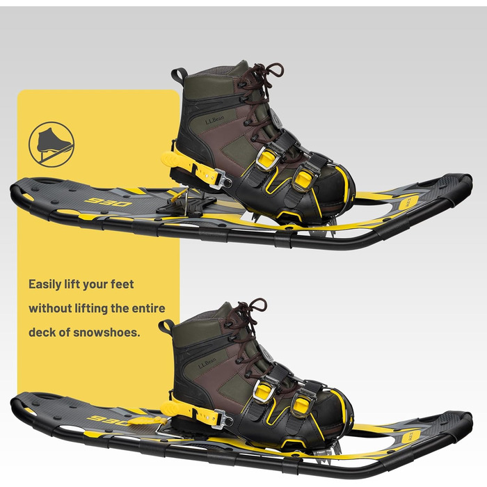 Снігоступи G2 21/25/30 дюймів: легкі, з коробкою для пальців, EVA-підкладкою, підйомкою п'ятки та зручною системою фіксації. Комплект з трекінговими палками, сумкою та захисними бамперами. Доступні кольори: помаранчевий, синій, червоний. Макс. вага користувача: 150 фунтів