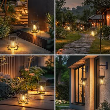 Сонячні ліхтарі для саду та вулиці, 2 шт. - Водостійкі металеві ліхтарі LED, для газону, патіо, кемпінгу, чорні, восьмикутні