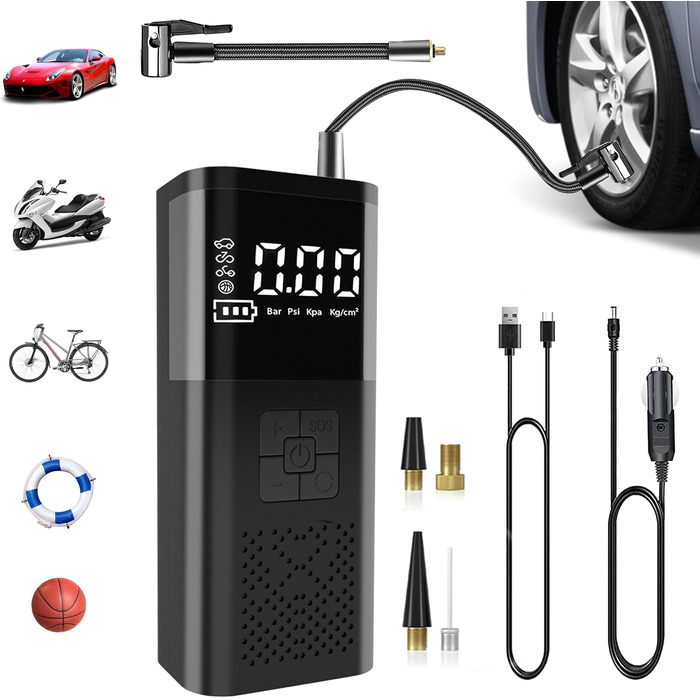 Електричний портативний компресор-насос 150PSI, 6000mAh, цифровий дисплей, LED, для авто, велосипедів, м'ячів, мотоциклів, Powerbank