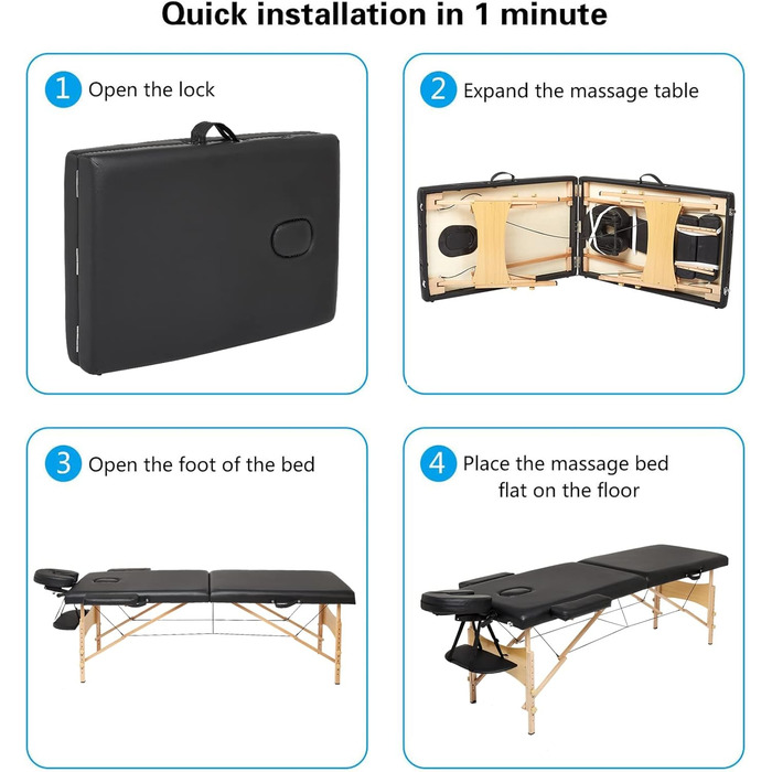 Мовбільна масажна кушетка Mondeer з 2 зонами, регульована по висоті, складана з дерева, для салону краси, з підголовником та підлокітниками, чорна