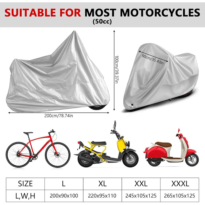 Водонепроникний захисний чохол для мотоцикла Motorrad Abdeckplane 210D, UV-стійкий, зимовий, для скутера/ролера/мопеда (245x105x125 см, сріблястий)