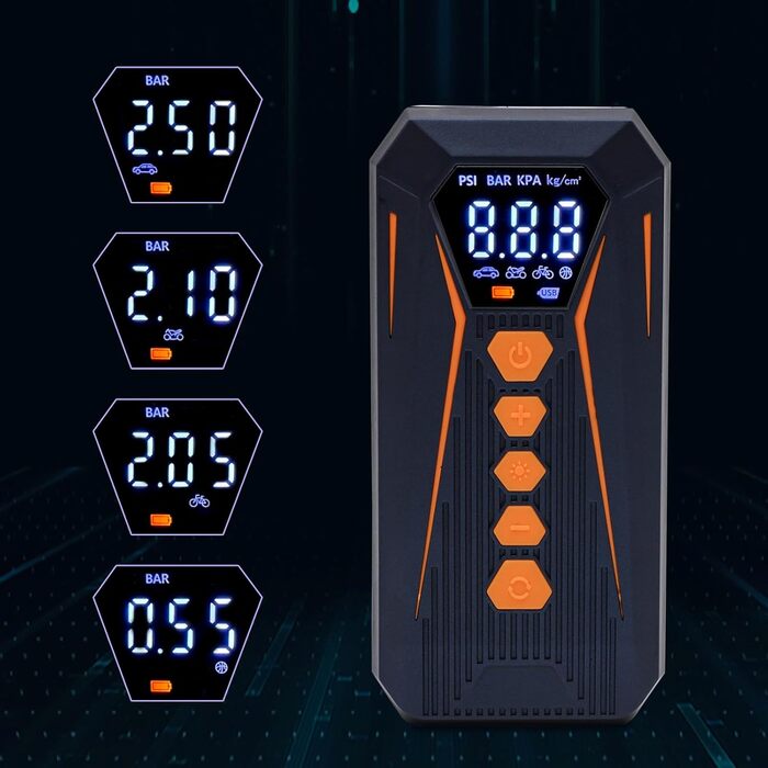 Портативний електричний компресор Kairiyard 150PSI для авто, мото та велосипеда, 6000мАг, цифровий LCD дисплей, USB Type-C