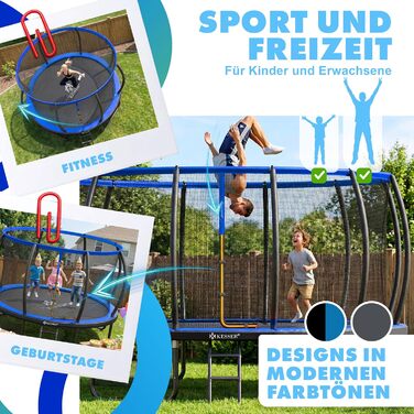 Трамплін KESSER® Outdoor для дітей та дорослих, діаметр 244/305/366/427 см, з сертифікатом GS, безпечне сітко, сходи, захисний борт, подушки на стійках (блакитний)