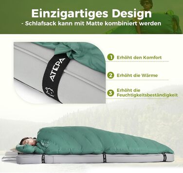 Спальний мішок ATEPA Ultraleicht Daunenschlafsack: Легкий, компактний, водонепроникний, для кемпінгу, трекінгу та рюкзакових подорожей. Комфортна температура 12°C, межа допустимої 7°C. ThermPlus Max.