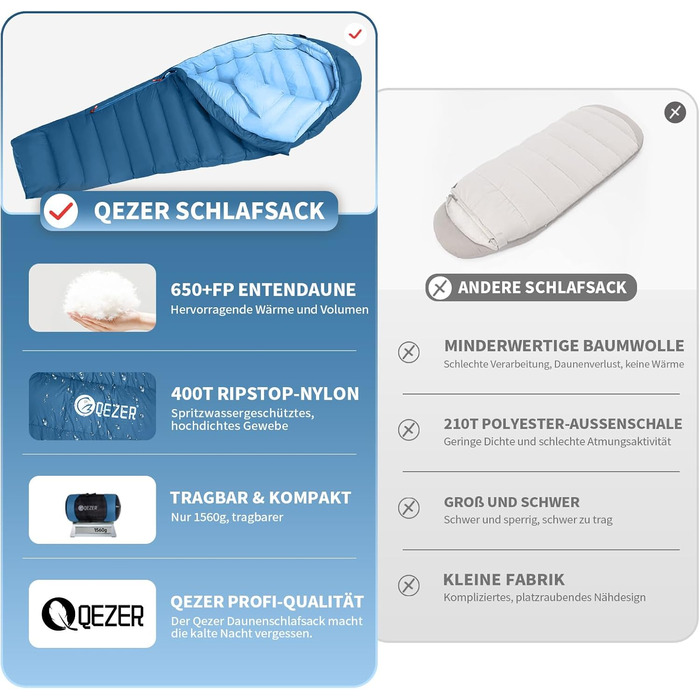 Спальний мішок Daunenschlafsack: теплий зимовий спальник з гусячим пухом 650 fill power, RDS-сертифікований. Діапазон температур: від 8°C до -30°C. Ідеально підходить для кемпінгу та альпінізму. Чорний (-10°C), Синій (-3°C)