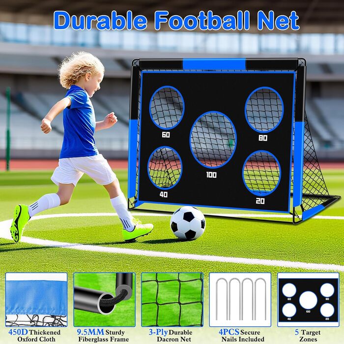 Дитячі ворота для футболу 2-в-1, 150 x 120 см, переносні та стабільні, з 5 цілями, 4 земляні кілочки та сумка, для саду, парку, пляжу (блакитні)