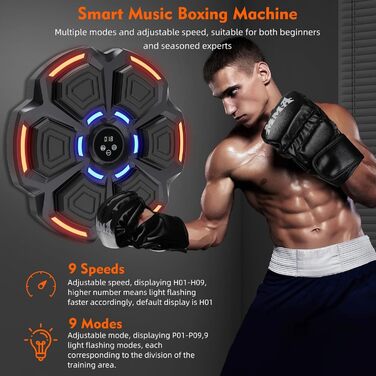 Музичний боксерський тренажер Snawowo для дорослих з LED підсвіткою та Bluetooth - Електронний боксерський тренажер з рукавичками, 9 режимів і режимом рахунку, чорний