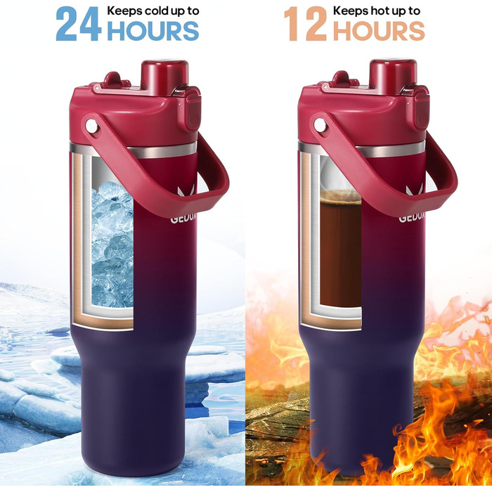 Спортивна термобутилка GEDUX IceFlow Flip Straw 1 л із трубочкою, зберігає холод понад 12 годин, герметична, BPA Free, для води, червоно-чорна, підходить для посудомийки
