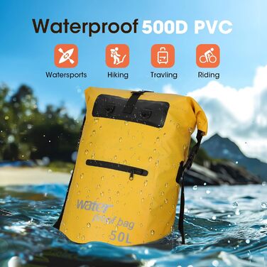 Водонепроникний рюкзак WELDUN 50L з IPX8 захистом для каякінгу, кемпінгу та водних видів спорту (Жовтий)