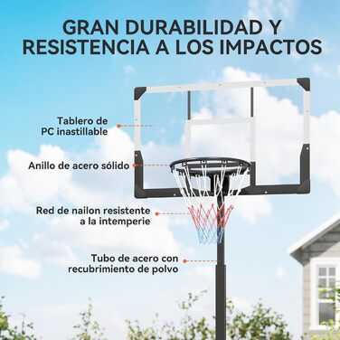 Баскетбольний кошик SPORTNOW вуличний, регульована висота 230-305 см, портативний, з міцним щитом, колесами та утяжеленою основою для підлітків