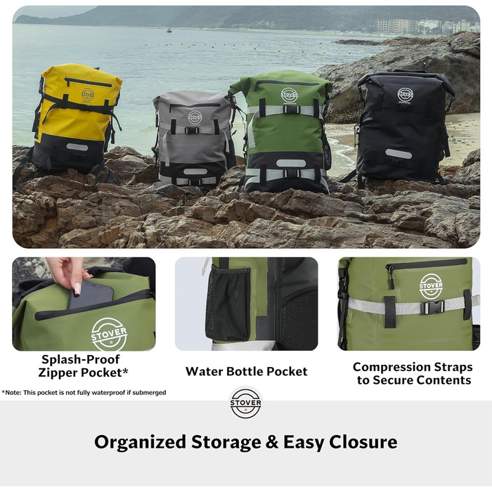 Водонепроникний рюкзак STOVER Dry Bag, 40 л, для каякінгу та водних активностей, з надійним Roll-Top, плаваюча сумка з фронтальною кишенею та світловідбиваючим елементом (Зелений)