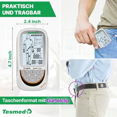 TESMED TE-880R Plus: Музелелектричний стимулятор TENS EMS, пристрій для зняття болю та масажу, 73 програми (2 налаштовуються), 8 електродів