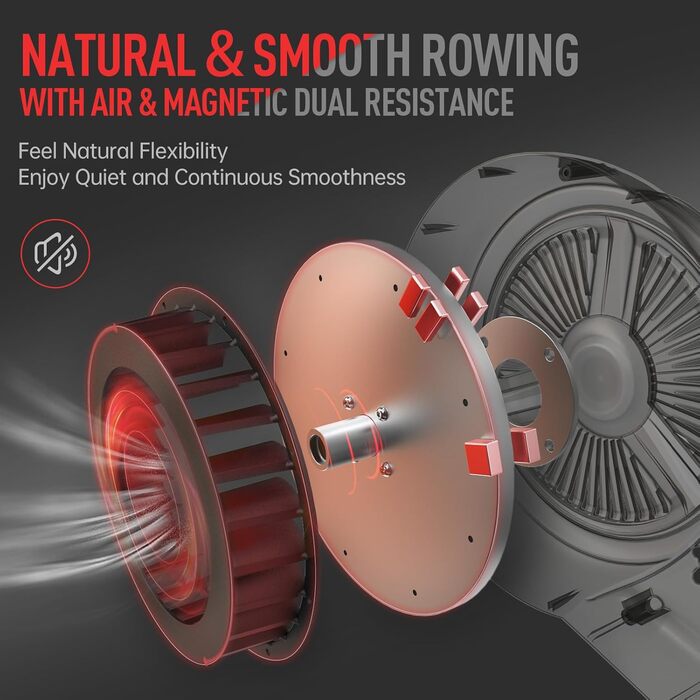 Гребний тренажер JOROTO з подвійним опором (повітряним та магнітним), тихий, складаний, з підтримкою Bluetooth, максимальне навантаження 150 кг, чорний