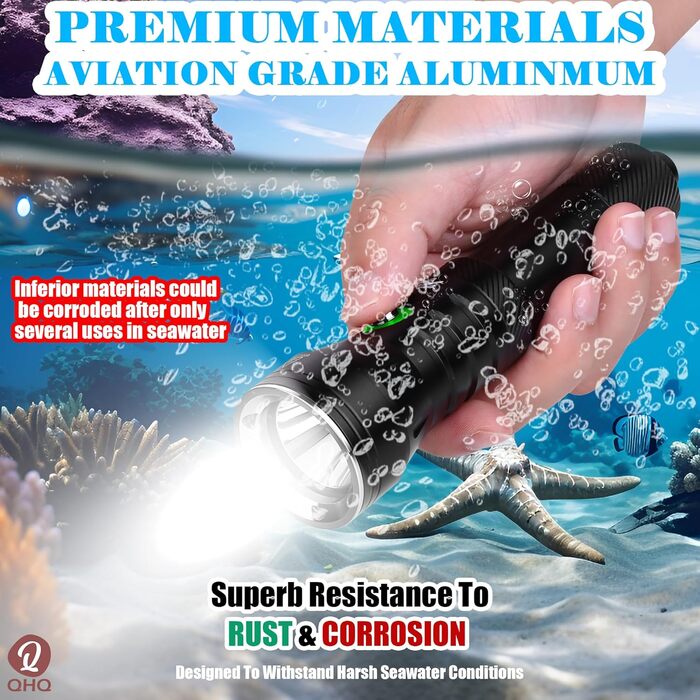 Ліхтар налобний QHQ Tauch з регулюванням яскравості, 2000 люмен, алюмінієвий корпус, IPX8, водонепроникний до 100 м, з акумулятором та зарядним пристроєм