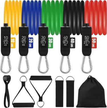 Набір еластичних стрічок для фітнесу, йоги та реабілітації: 5 стрічок, ручки, петлі для ніг та дверний анкер