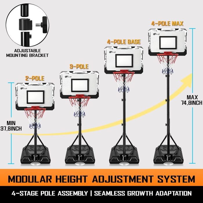 Регульована баскетбольна корзина зі стійкою для дітей та підлітків, Outdoor/Indoor, Комплект з м'ячем та насосом