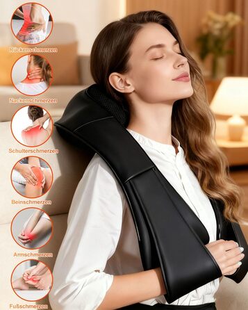 Масажер для шиї з підігрівом 2026, 4D Shiatsu масажер для шиї та плечей, знімає біль у шиї, спині, попереку тощо, з мережевим та автомобільним адаптером, подарунок для батьків та партнерів, чорний