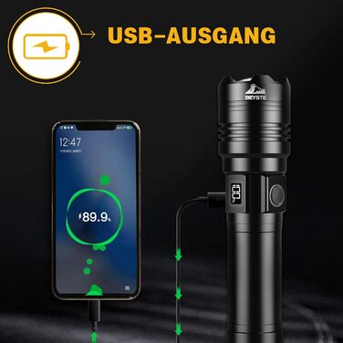 Ліхтар LED BEYSTE 1000000 Люмен, Тактичний ліхтар USB, Водостійкий, Чорний