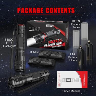LED ліхтарик Gearlite 4000 Lumen: 2 шт. в комплекті, водонепроникний, з зумом, для кемпінгу, туризму, екстрених ситуацій, з чохлом (3 режими)