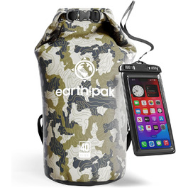 Earth Pak Packsack водонепроникний 40L з плечовим ременем та водонепроникним чохлом для телефону – ідеальний рюкзак-ролтоп для каякінгу, піших прогулянок, кемпінгу, риболовлі, катання на човні та рафтингу (Колір: Оливковий, Камуфляж)