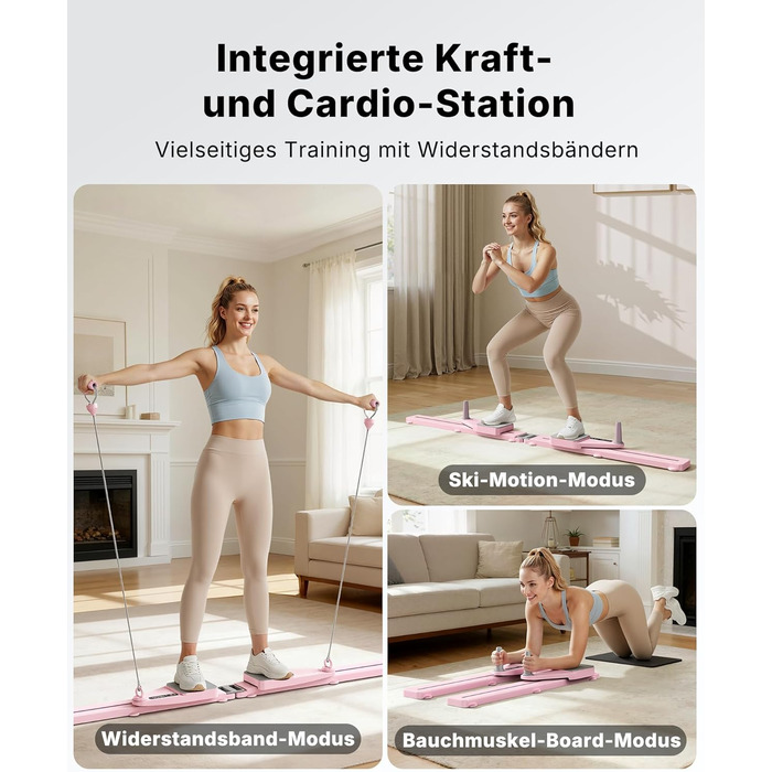 Реформатор для пілатесу MERACH – багатофункціональний тренажер для дому з еластичними стрічками, наколінниками, 120 кг, рожевий