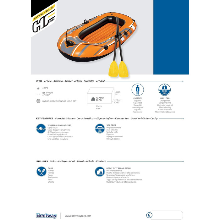 Надувний човен Bestway Kondor 1000, 155x93x30 см, для 1 людини, комплект