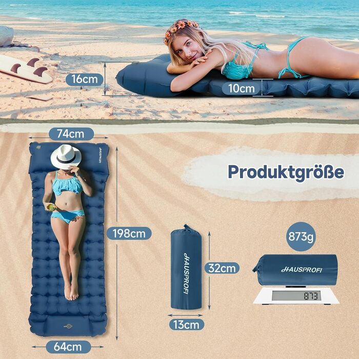 Каремат туристичний HAUSPROFI самонадувний, ультралегкий, з помпою та подушкою, армійний камуфляж (темно-синій)