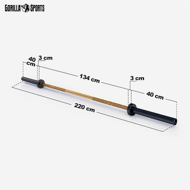 Олімпійський гриф GORILLA SPORTS 220 см, 50 мм, 20 кг, сталь, керамічна основа, чорний/золотий