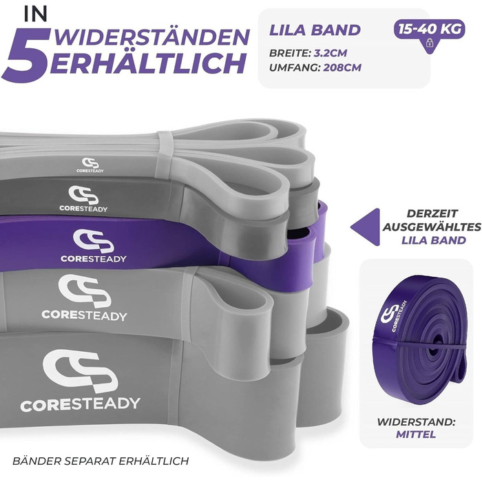 Еспандер Coresteady фітнес-гумка для спорту, міцна гумова стрічка для підтягувань, чоловіків і жінок, силові тренування та нарощування м’язів, фітнес, тренування, допомога при підтягуваннях, фіолетова, середній рівень, 15-40 кг