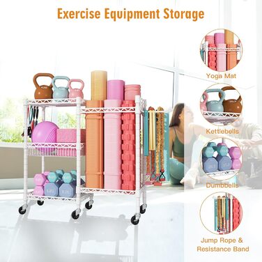 Органайзер для домашнього спортзалу FUTASSI з 3 рівнями, для килимків для йоги, ролерів, гантелей, гир та еластичних стрічок, білий/оптичний сад, подвійний ряд