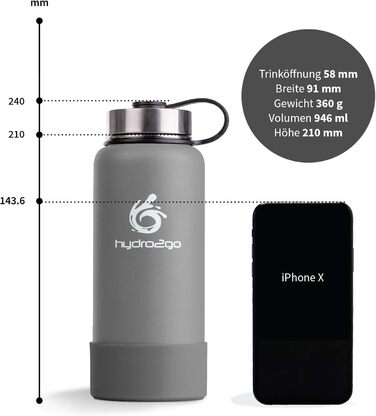 Гідрофляга hydro2go X-AlpsBottle 1 л з нержавіючої сталі – вакуумна термобутилка з 3 кришками, подвійними стінками, для спорту та туризму, Stone Grey
