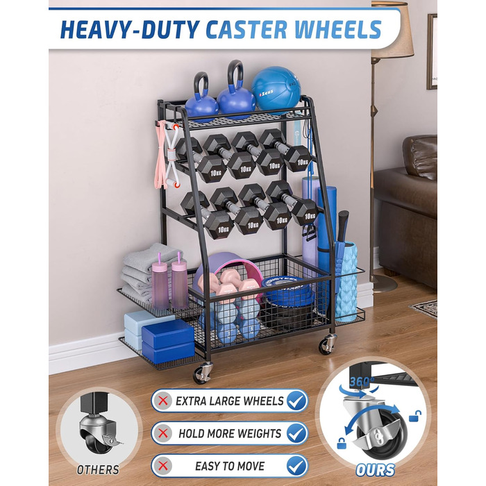 Підставка для гантелей розширена для дому - стійка для тренувань з 4 колесами та зручним зберіганням з обох сторін, чорна