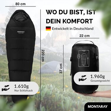 Спальний мішок MONTARAY® Mumiya [8°C - -5°C] з подушкою для 3-4 сезонів [300GSM] - Outdoor зимовий та літній спальний мішок (80x220cm) - Дека- та ковдровий спальний мішок для жінок та чоловіків (теплий), Чорний