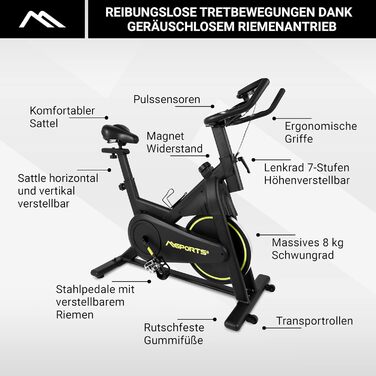 Преміум велотренажер MSPORTS Indoor Cycling Bike Black, 8 кг маховик, магнітний опір, Bluetooth, фітнес велоергометр для дому