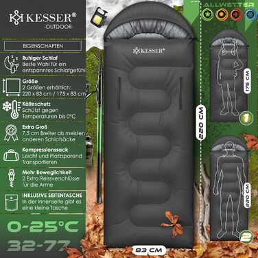 Спальний мішок KESSER® Outdoor для кемпінгу | 3-4 сезони | Підходить для дорослих та дітей | Легкий, теплий, водовідштовхуючий | З лампою та кишенею (Антрацит, 220 x 83 см)