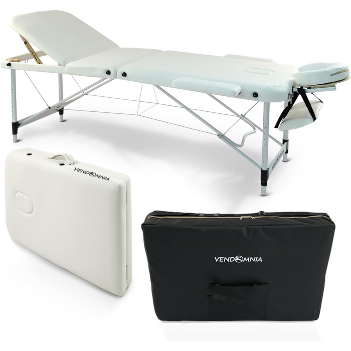 Масажний стіл VENDOMNIA з алюмінієвим каркасом, 3 зони, регулювання висоти, з високоякісною підголівником, сумкою, підлокітниками, білий, складний