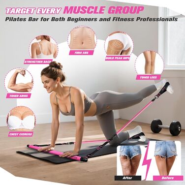 Набір для пілатесу HPYGN з 4 еластичними стрічками, регульоване обладнання для пілатесу для жінок та чоловіків, багатофункціональний набір для фітнесу, стрічки для стегон, ніг, рук, домашній спортзал, йога, силові тренування, розтяжка, рожевий