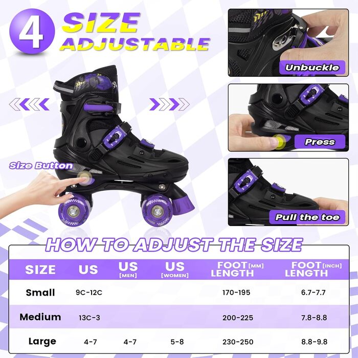 Роликові ковзани Nattork для дітей, регульовані, з LED, фіолетові, розмір 37-41