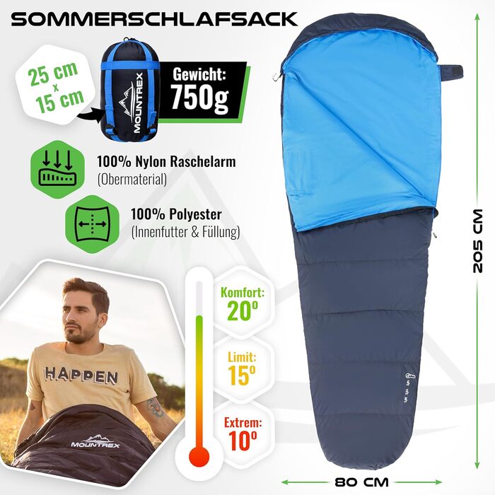 Сплячий мішок MOUNTREX® - компактний та ультралегкий (760г/1500г) - Outdoor спальний мішок для літа (100GSM) / 3-4 сезони (300GSM) - Мумієподібний спальний мішок – кемпінг, подорожі, фестивалі – теплий та з'єднуваний, темно-синій/синій