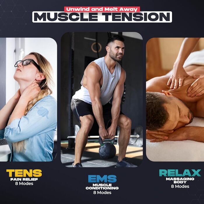 Прилад для масажу м'язів Neocarbon TENS EMS: стимулятор, 16 електродів, для дому та подорожей