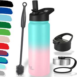 Термофляга Milu з нержавіючої сталі 500мл, 750мл, 1л (+3 кришки) з трубочкою, подвійні стінки, ізольована, для газованої води (М'ятно-рожевий)