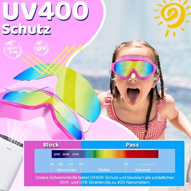 Дитячі окуляри для плавання Vvinca з носовими затискачами, широким кутом огляду, захистом від запотівання та UV-фільтром, водонепроникні, для дітей 3-14 років, рожеві та блакитні