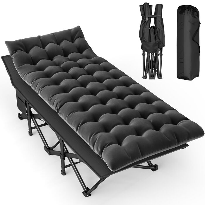 Розкладне ліжко-тахта для кемпінгу з матрацом, сталеве, чорне, 190x71x35 см