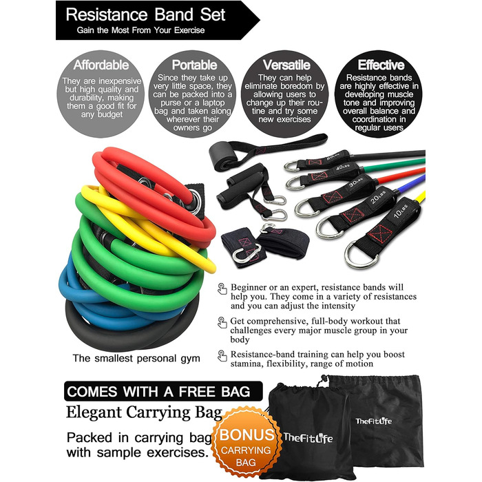 Набір фітнес-гумок TheFitLife з ручками - 5 гумок, фітнес-трубка з великою ручкою, кіглі для щиколоток, кріплення для дверей, сумка та бонусний eBook (150 lbs)