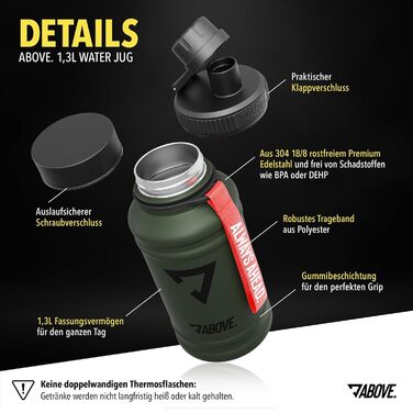 Сталева термофляга ABOVE 1.3L/2.2L – BPA-free, без витоку, міцна – 2L металева фляга з додатковим клапаном для спорту, фітнесу та відпочинку на природі. Якісна подарункова коробка (Оливковий, 1300 мл)