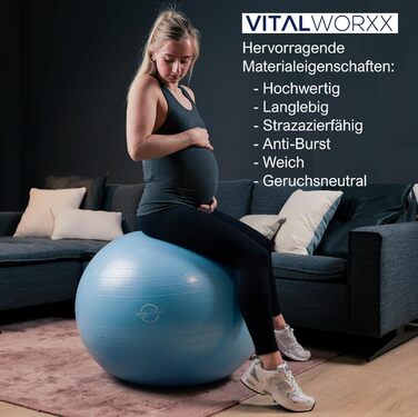 Гімнастичний м'яч VITALWORXX для вагітних 65 см, синій, з насосом та вправами, стійкий фітбол для йоги, здоров'я та пологів