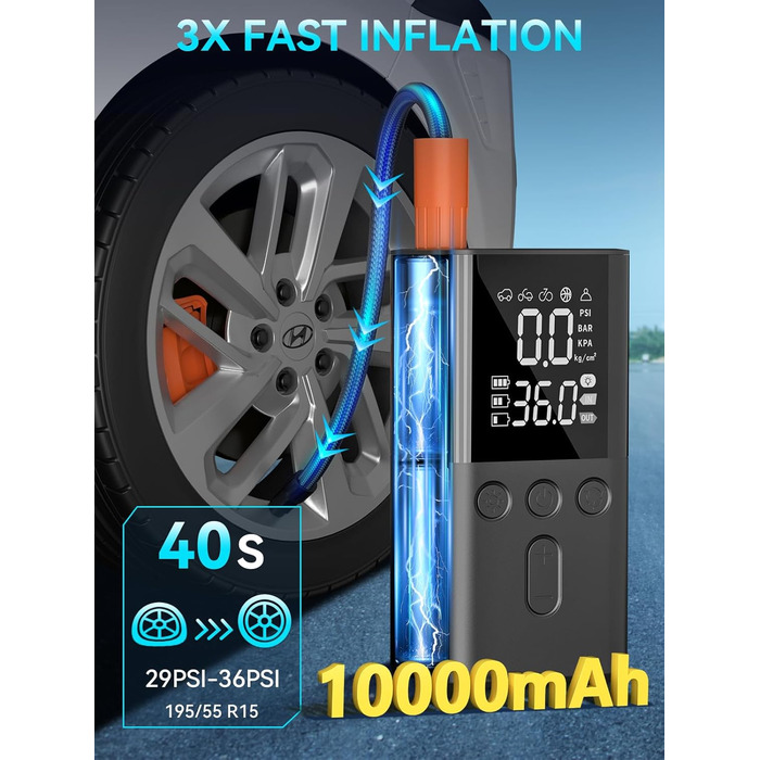 Електричний компресор WYRIAZA 10000mAh, 150PSI, портативний насос для авто, велосипедів, мотоциклів, цифровий LED дисплей