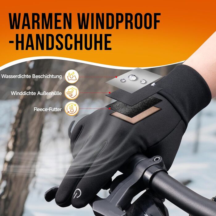 Зимові рукавички Benirap для чоловіків: вітрозахисні, з підтримкою сенсорного екрану, неслизькі спортивні рукавички для активного відпочинку, їзди на велосипеді, бігу та прогулянок з собакою. Чорний колір, розмір L.